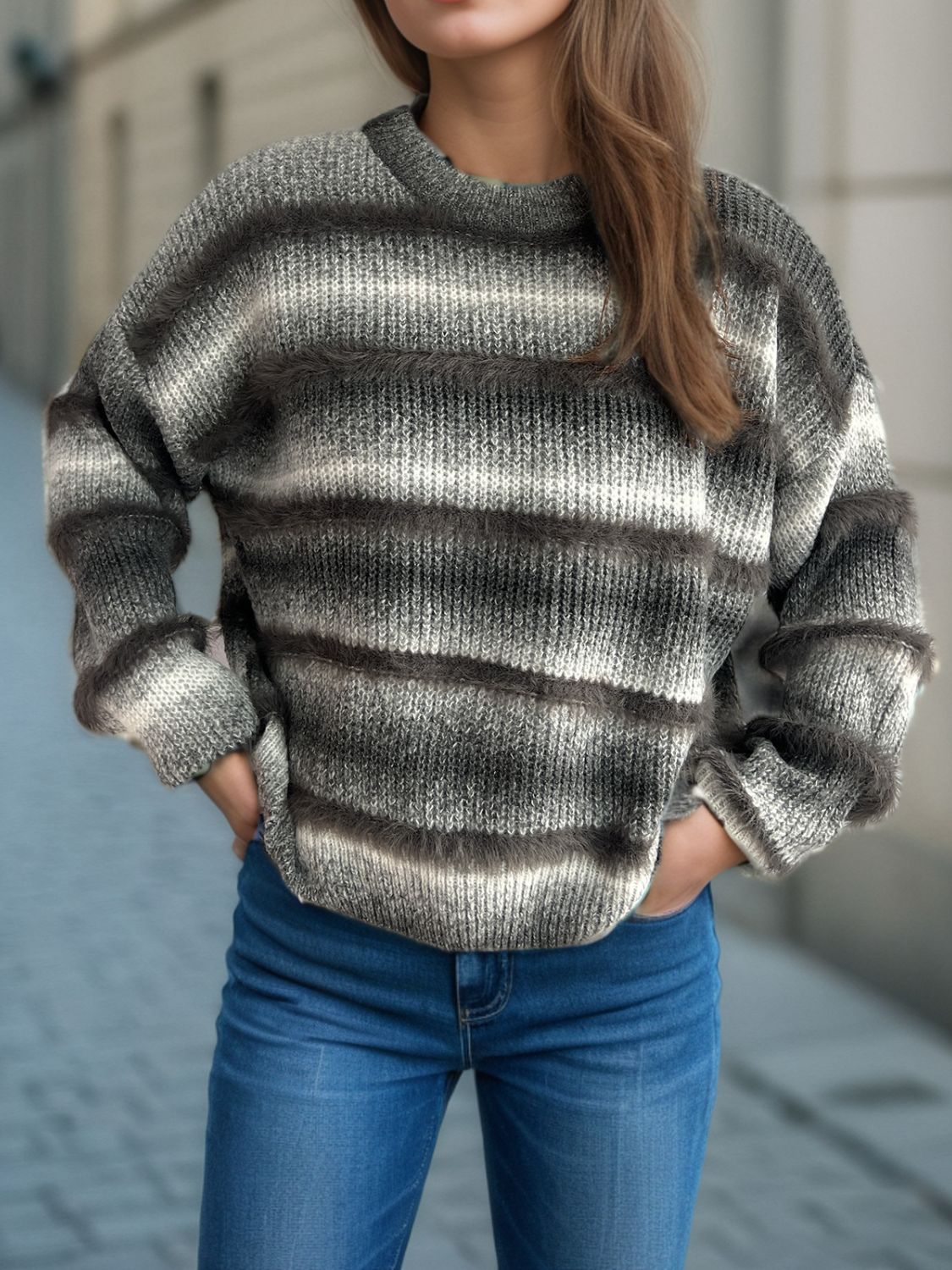 Ombre stripe fluffy knit crewneck jumper in dark gray with horizontal fuzzy stripe details.