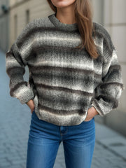 Ombre stripe fluffy knit crewneck jumper in dark gray with horizontal fuzzy stripe details.