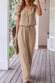 Camel button-front vest and drawstring palazzo pants set