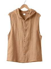 Casual hooded sleeveless shirt in light khaki cotton with button front and drawstring.