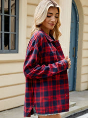 Red and navy plaid collared long sleeve shirt with button detail