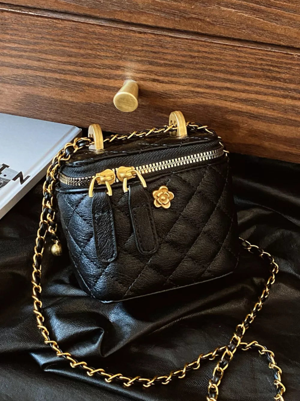 Quilted Chain Strap Crossbody Bag in Black, model styling view