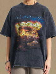 Black oversized graphic tee with vintage circus explosion design