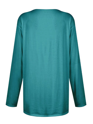 Teal long sleeve relaxed fit tunic with patch pockets, plain.