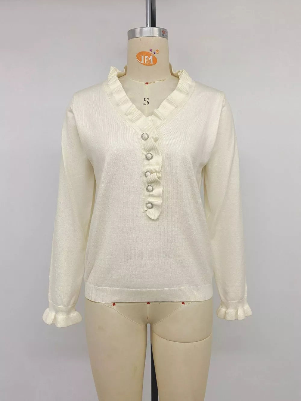 Ruffle Trim Pearl Button V-neck Knit Top in Apricot, view 13