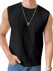 Black textured knit sleeveless tank top with crew neck and ribbed hem.