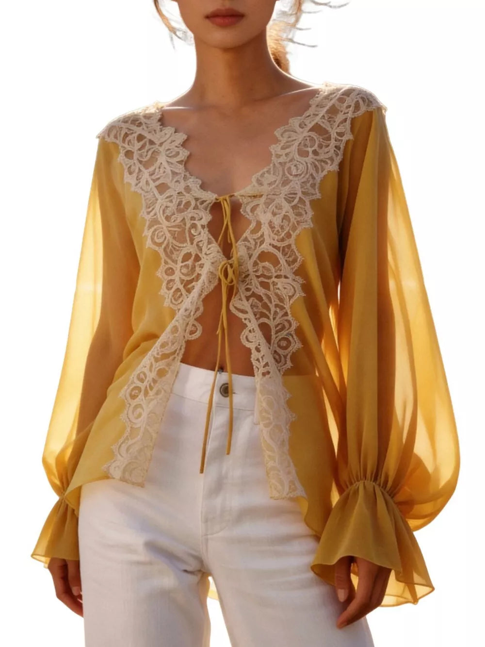 Sheer Lace-trimmed Front Tie Blouse in Khaki, fabric detail