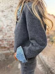Contrast Denim Trimmed Sweater Cardigan in Grey, back view