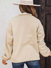 Fleece Colorblock Patchwork Zipped Neck Pullover in Khaki, close-up detail