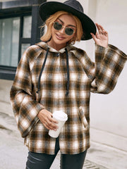 Flared sleeve hooded shacket in camel plaid with drawstring and button detail.