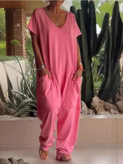 Loose Fit V-neck Short Sleeve Wide Leg Jumpsuit in Floral Gray, view 12