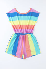 Rainbow stripe romper with elastic waist and short sleeves.