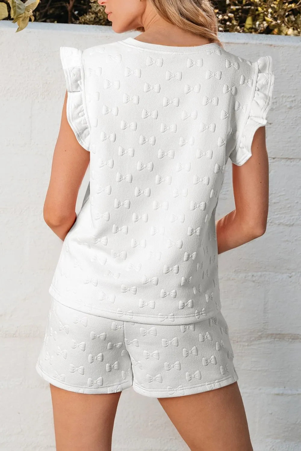White textured bow co-ord set with ruffle sleeve top and shorts