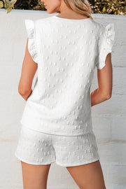 White textured bow co-ord set with ruffle sleeve top and shorts