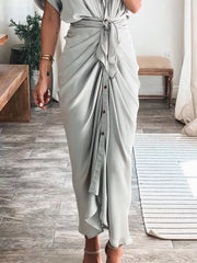 Light Gray tie-waist midi dress with button front and draped skirt.