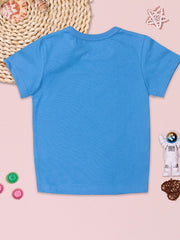 Blue crew neck short-sleeve t-shirt for babies with a plain back.