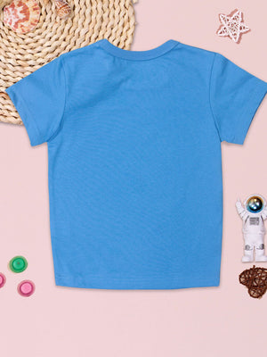 Blue crew neck short-sleeve t-shirt for babies with a plain back.