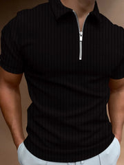 Black ribbed zip-neck polo shirt with short sleeves.