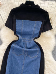 Buttoned denim patchwork bodycon dress in dark blue with collared neckline and short sleeves.