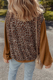 Leopard Floral Print Ribbed Puff Sleeve Sweatshirt in Brown, side view
