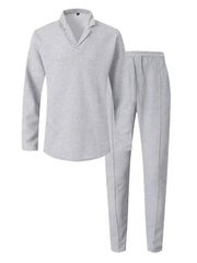 Gray textured collar lounge set with long sleeves and drawstring pants.