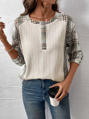 Textured cream henley top with plaid raglan sleeves and button detail