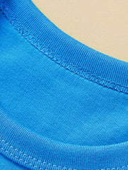 Toddler blue t-shirt with ribbed crew neck and double-stitched seams.