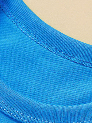 Toddler blue t-shirt with ribbed crew neck and double-stitched seams.
