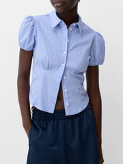 Light blue striped maternity shirt with puff sleeves and gathered waist detail