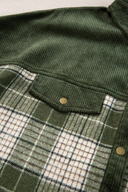 Corduroy yoke overshirt in Black Forest with plaid pattern and chest pocket.