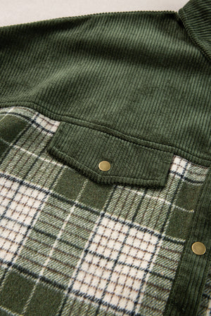 Corduroy yoke overshirt in Black Forest with plaid pattern and chest pocket.