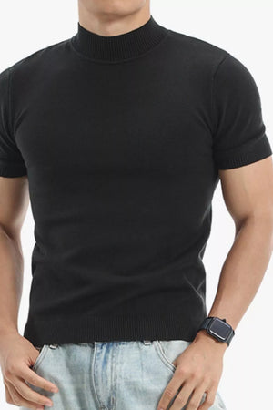 Black knit mock neck short sleeve slim fit top