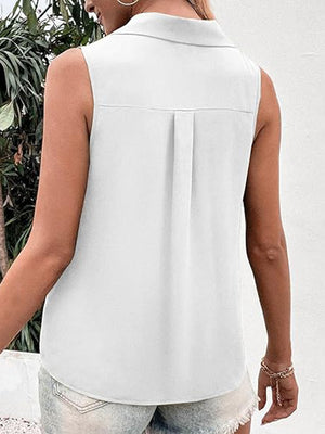 White sleeveless collared button-down blouse with back pleat detail