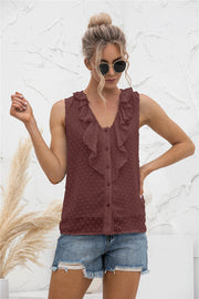 Brown textured ruffle front sleeveless blouse with button detail