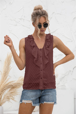 Brown textured ruffle front sleeveless blouse with button detail