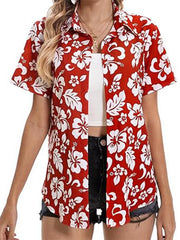 Red tropical hibiscus print button-up shirt with short sleeves and a collar.