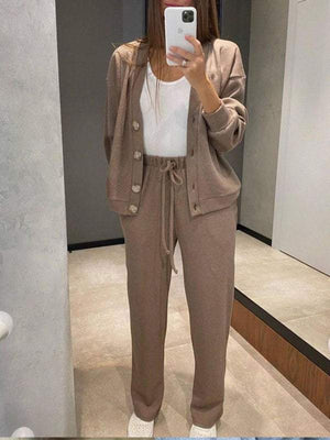 Taupe button-front loungewear set with drawstring pants and a white tank top.