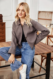 Mocha cropped wool-blend collarless jacket with button closure and spread collar.