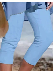 Light blue cropped casual leggings with a relaxed fit, perfect for everyday wear.