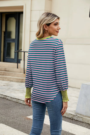 Striped long sleeve blouse with pink and teal stripes, green neckline and cuffs