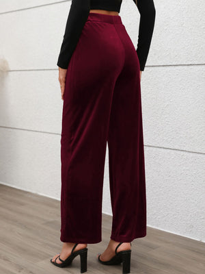 Burgundy velvet palazzo trousers with seam detail and wide leg, shown from the back.