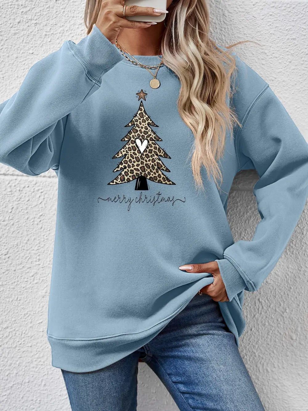 Air Force Blue sweatshirt with leopard print Christmas tree graphic and merry christmas text