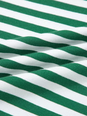 Green and white striped cotton boxy tee and shorts set fabric detail.