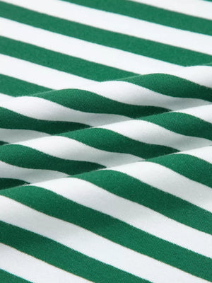 Green and white striped cotton boxy tee and shorts set fabric detail.