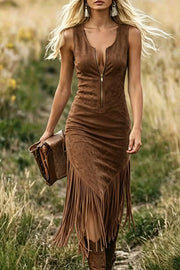 Coffee brown suede fringe midi dress with zipper neckline and asymmetrical hem.
