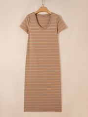Brown striped maxi t-shirt dress with short sleeves and a v-neck.