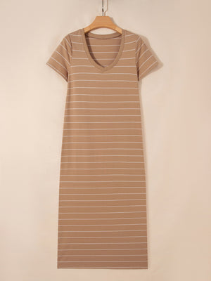 Brown striped maxi t-shirt dress with short sleeves and a v-neck.