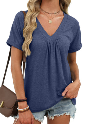 Navy blue ruched V-neck short sleeve t-shirt with elastane fabric.