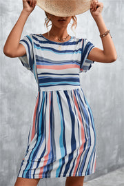 Striped yoke-seam trapeze dress with short sleeves and a gathered waist.