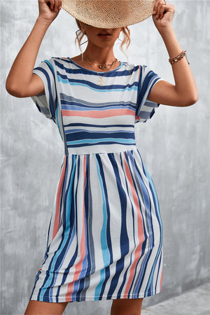 Striped yoke-seam trapeze dress with short sleeves and a gathered waist.